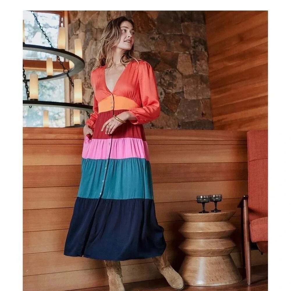 MARINE LAYER Maeve Size XS Colorblock Maxi Dress Long Sleeve Date Night Colorful